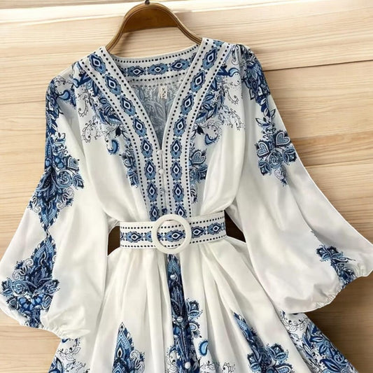 Elegant Floral Mini Dress, Womens V-Neck Lantern Sleeve Dress, High Waist Button-Up Dress, Spring Summer Fashion, Casual Chic Outfit